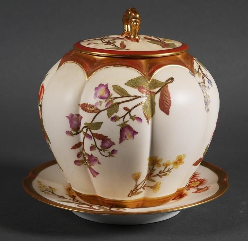 Appraisal: Royal Worcester cookie or biscuit jar and underplate Lidded jar