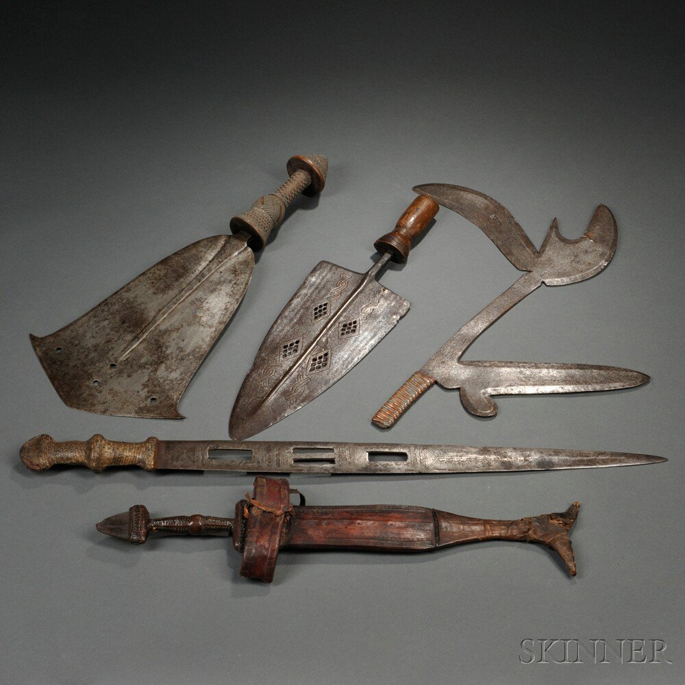 Appraisal: Five African Weapons a Kuba prestige knife a Tuareg arm