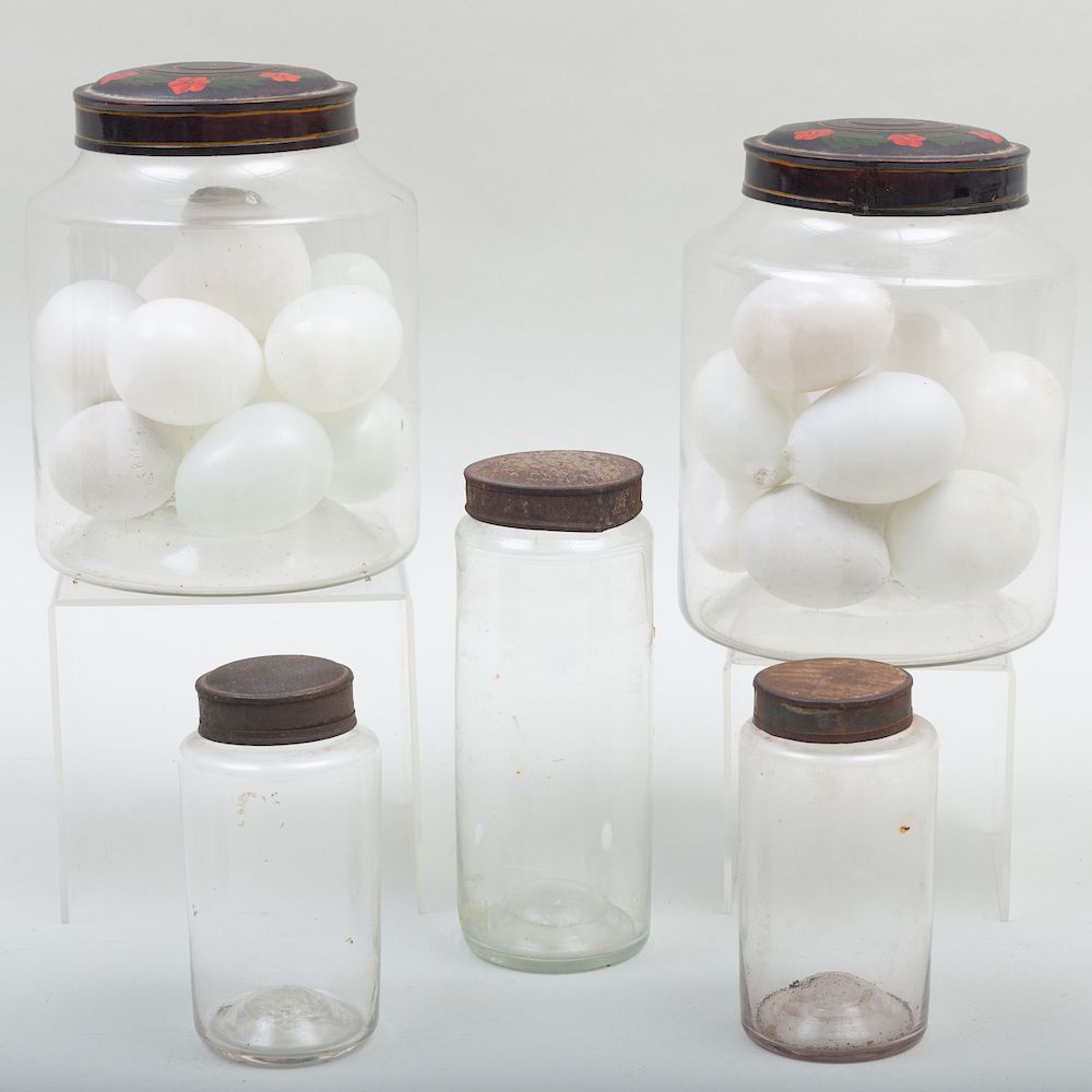 Appraisal: Group of Five Blown Glass Storage Jars with Metal Lids