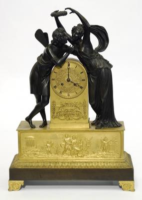 Appraisal: A FRENCH OROMOLU MANTEL CLOCK surmounted by cast bronze figures