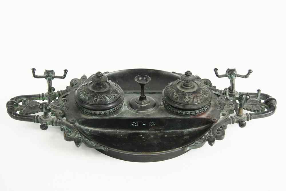 Appraisal: BRONZE INKWELL - Roman Revival Two Pot Inkwell with integral