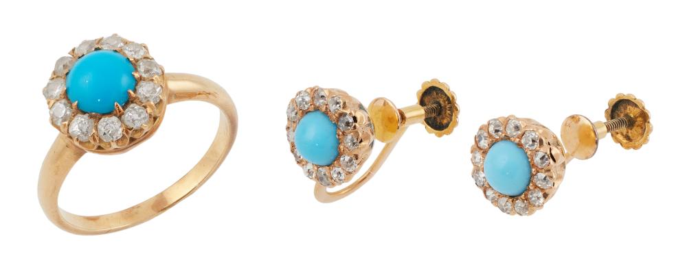 Appraisal: KT YELLOW GOLD DIAMOND AND TURQUOISE RING AND EARRINGS DEMI