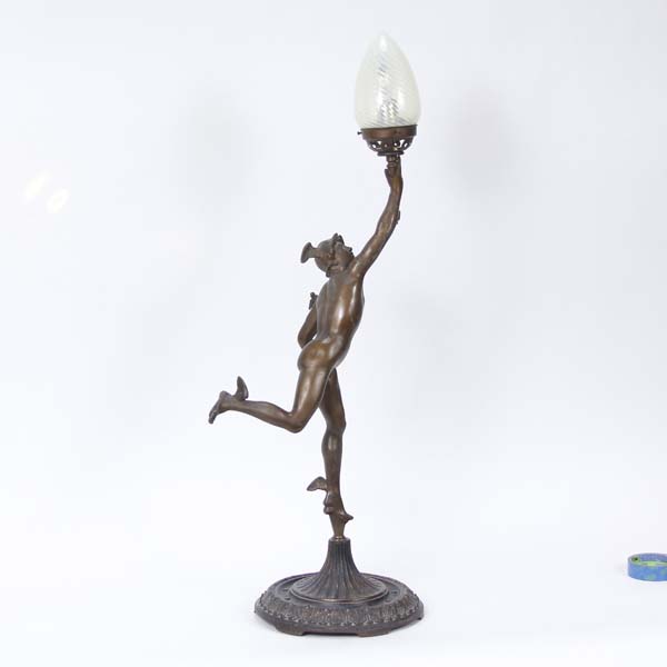 Appraisal: Figural newel post white metal lamp with bronzed statue of