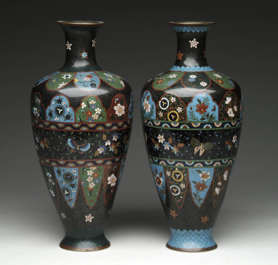 Appraisal: TWO TALL TAPERED CLOISONN VASES Virtually a pair with some