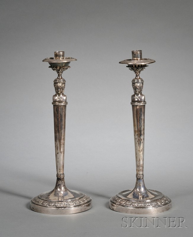 Appraisal: Pair of Continental Silver Neoclassical Candlesticks early-mid th century with