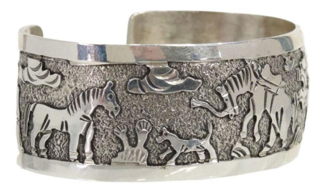 Appraisal: Native American sterling silver storyteller cuff bracelet signed B Elaine