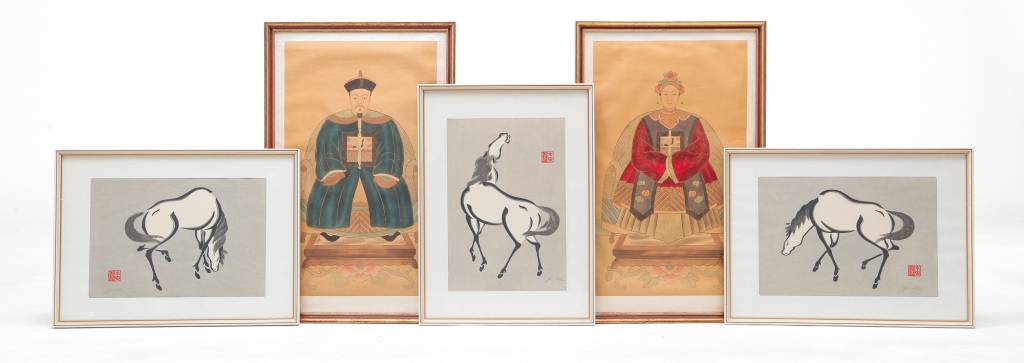 Appraisal: FIVE ASIAN THEMED ARTWORKS Mid- th century Three framed wood