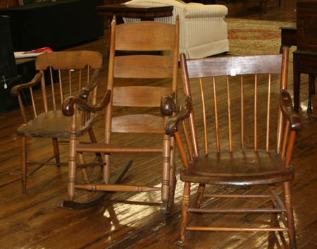 Appraisal: Two Early American Style Stained Fruitwood Armchairs and an Arm