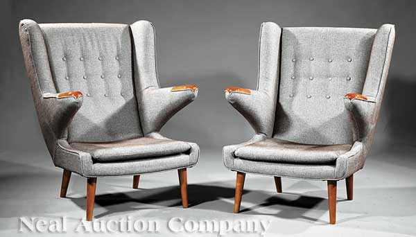 Appraisal: A Pair of Modern Hans Wegner-Style Papa Bear Wing Chairs