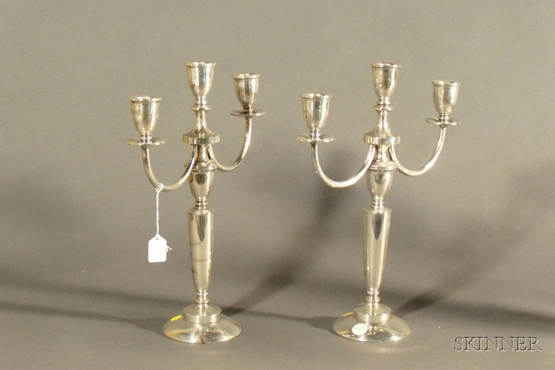 Appraisal: Pair of Weighted Sterling Three Light Candelabra mid th century