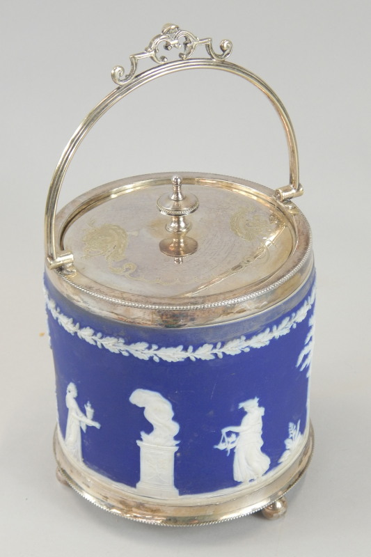 Appraisal: A Wedgwood Co Limited dark blue Jasperware biscuit barrel with