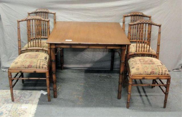 Appraisal: Faux Bamboo Table Tapestry Seated Chairs From a Rye estate