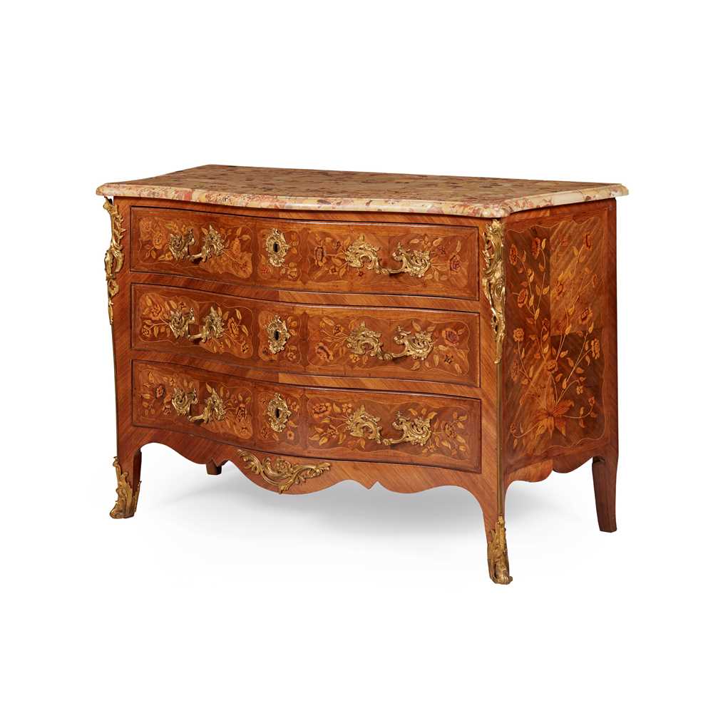 Appraisal: LOUIS XV KINGWOOD AMARANTH AND MARQUETRY MARBLE TOPPED COMMODE BY