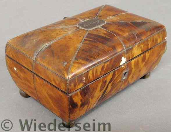 Appraisal: Tortoiseshell sewing box early th c with a silver-thread work