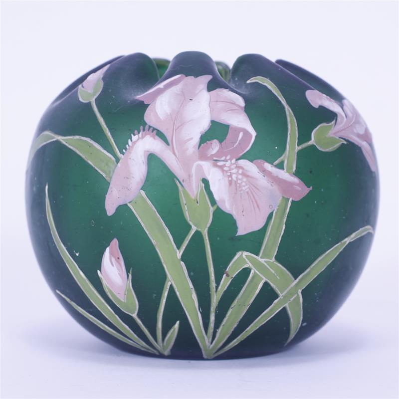 Appraisal: Unknown Glass Green Satin Enameled Floral Rosebowl H