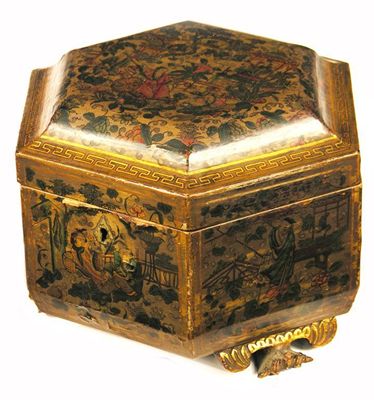 Appraisal: A Chinese hexagonal painted wood tea caddy decorated figures in