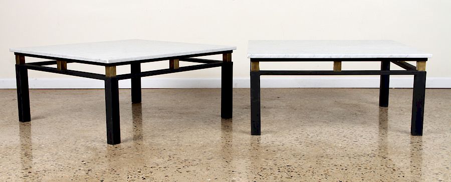 Appraisal: PAIR IRON BRASS MARBLE TOP COFFEE TABLES C A pair