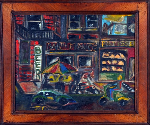 Appraisal: French street scene Oil on masonite x unsigned