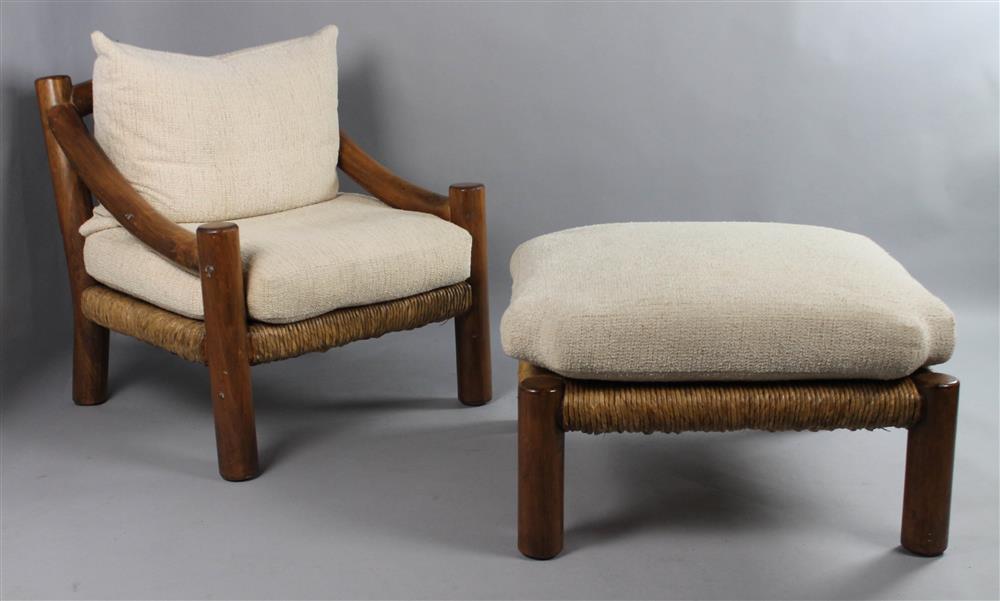 Appraisal: DESIGNER CLUB CHAIR AND OTTOMAN POSSIBLY MCGUIRE carved wood structure