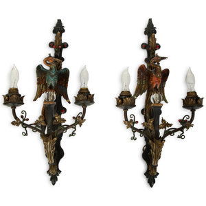 Appraisal: A Pair of Whimsical Cold Painted Bronze Sconces TH CENTURY