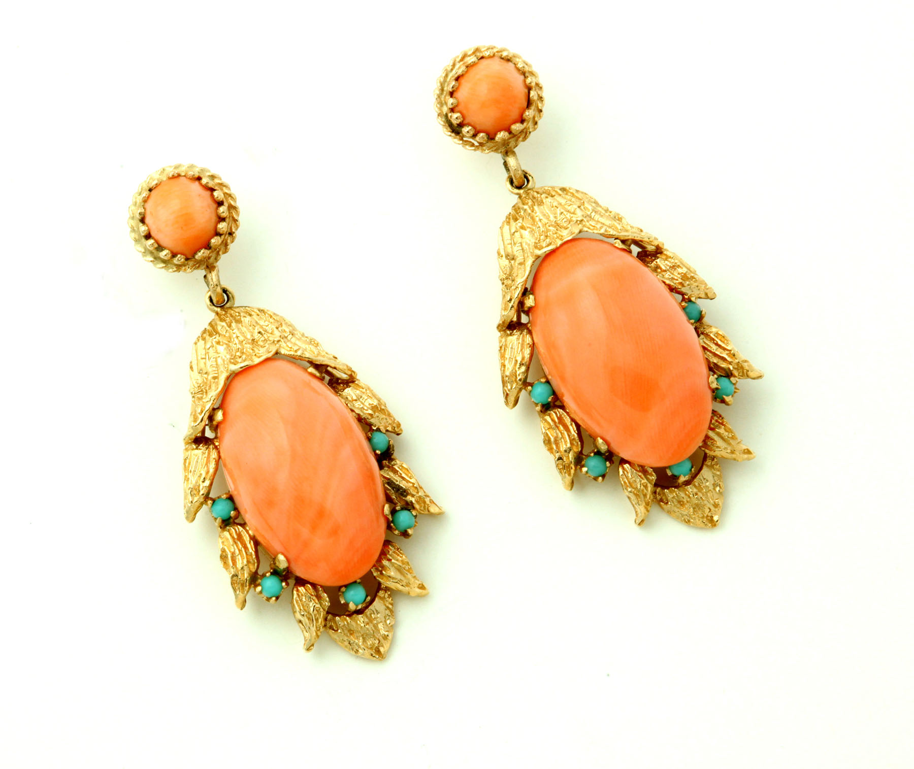 Appraisal: CORAL DROP EARRINGS Twentieth century Yellow gold set coral drops