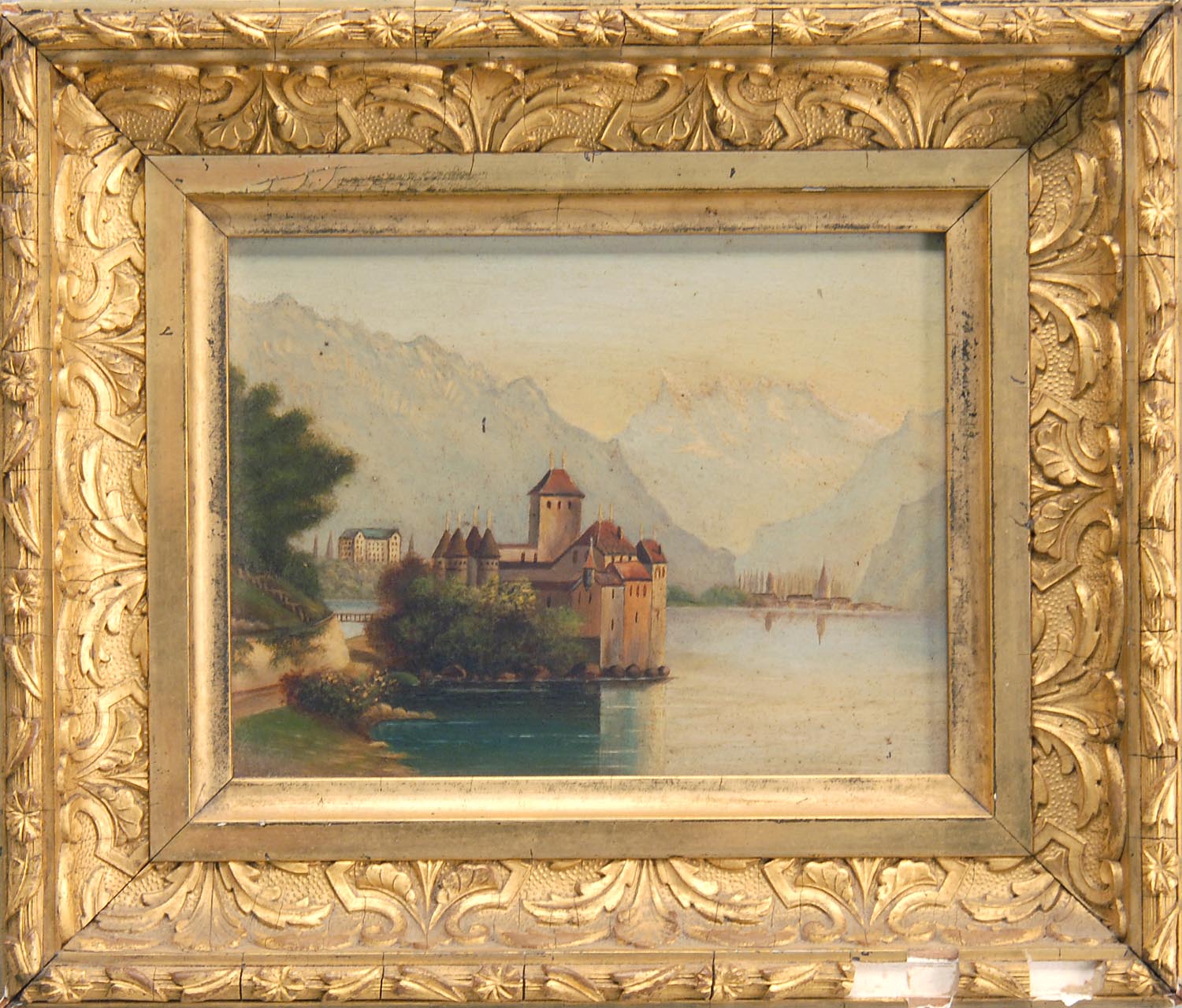 Appraisal: FRAMED PAINTING UNTRACED ARTIST European landscape depicting a castle overlooking