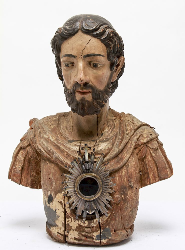 Appraisal: Mesoamerican Bust of Christ Carved Wood Reliquary Mesoamerican bust of