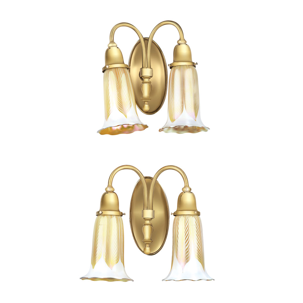 Appraisal: Pair of Quezal Glass and Brass Two-Light Sconces Circa En