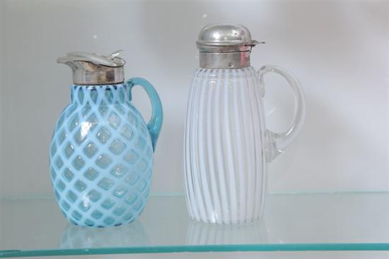 Appraisal: TWO VICTORIAN GLASS SYRUPS One in blue Bubble Lattice with