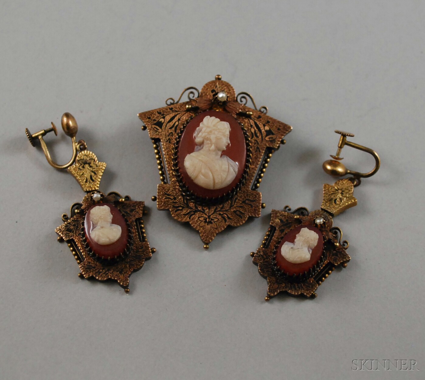 Appraisal: Antique kt Gold Enamel Seed Pearl and Cameo Demi-parure comprised