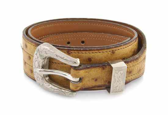 Appraisal: An Hermes Tan Ostrich Belt silvertone buckle engraved in a