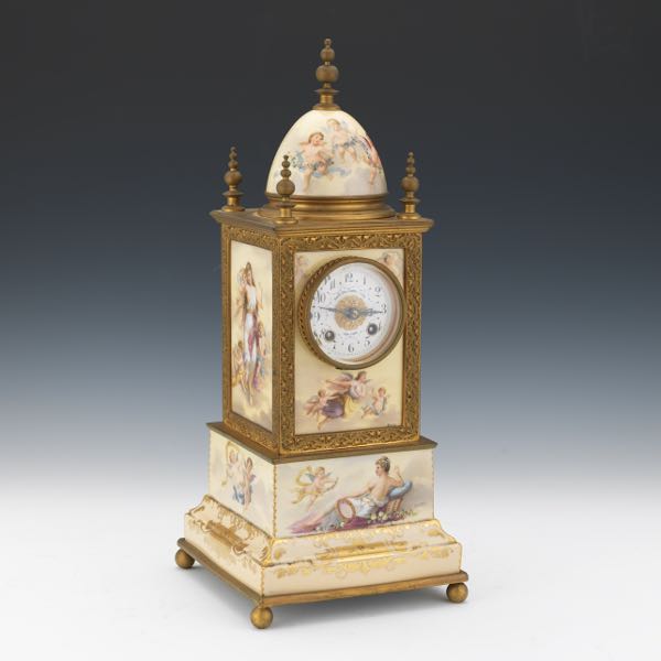 Appraisal: ROYAL VIENNA PORCELAIN BRASS CLOCK x x Hand painted porcelain