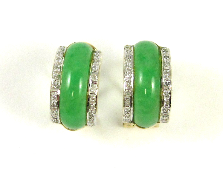 Appraisal: PAIR OF GREEN JADE HOOP EARRINGS each k yellow gold