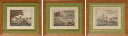 Appraisal: English School th C Three Comical Sporting Scenes Hand-colored stipple