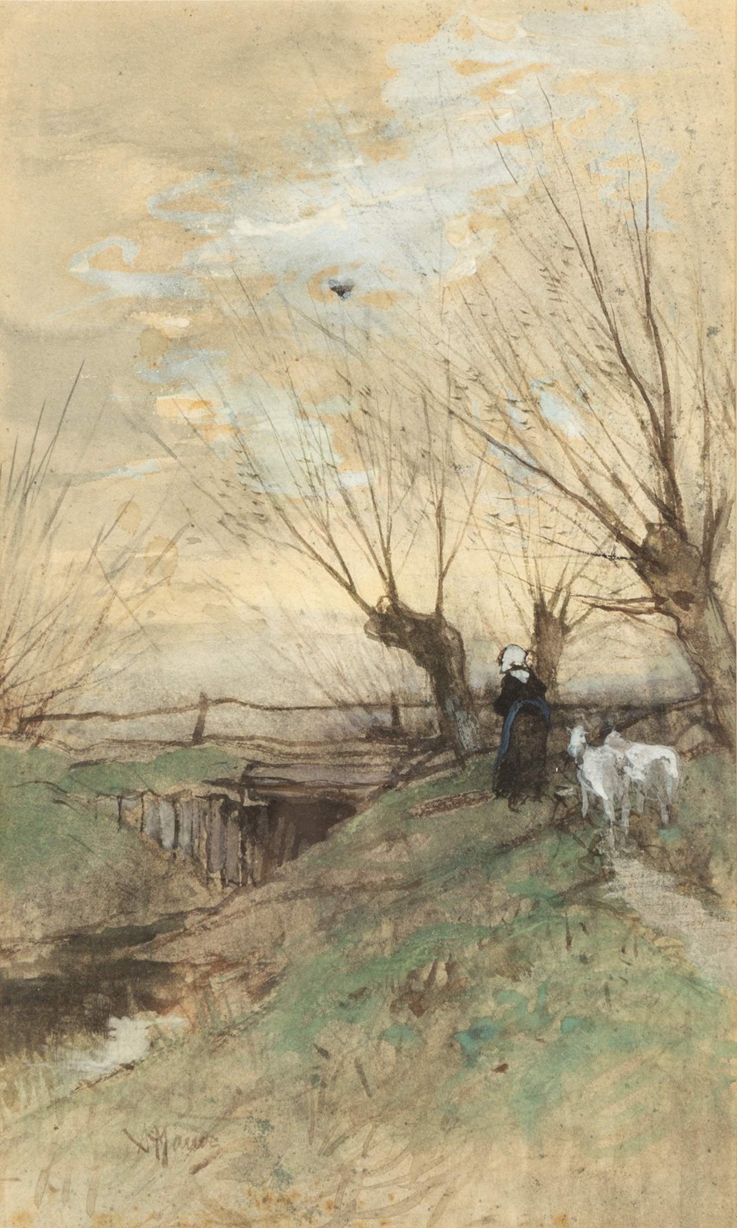 Appraisal: ANTON MAUVE DUTCH - LANDSCAPE WITH WOMAN AND GOATS watercolor