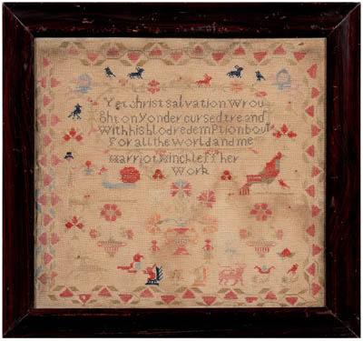 Appraisal: Verse and pictorial sampler religious verse cartouche held by angels