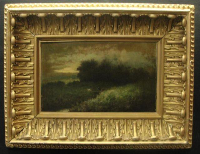 Appraisal: Illegibly Signed Oil on Canvas Barbizon style Signed illegibly on