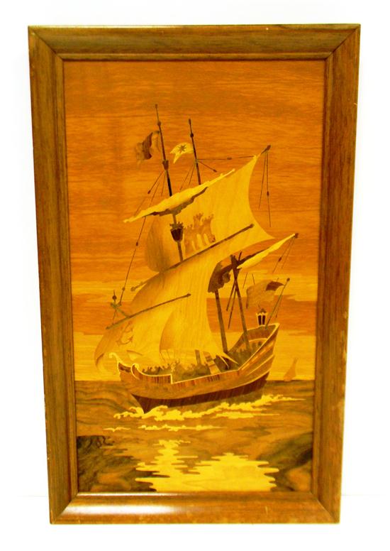 Appraisal: Inlaid wood picture of th C galleon with crew sails