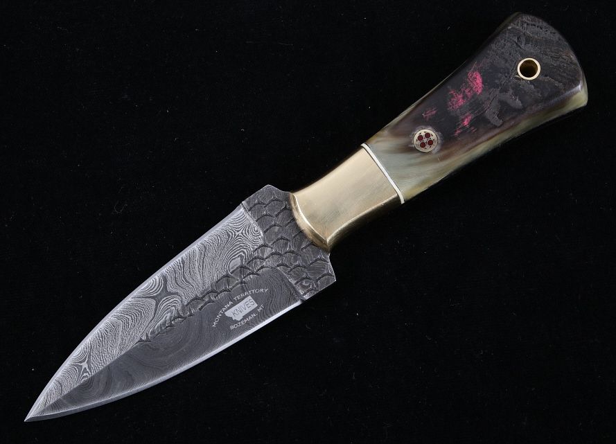 Appraisal: M T Knives Damascus and Rams Horn Dagger Knife This