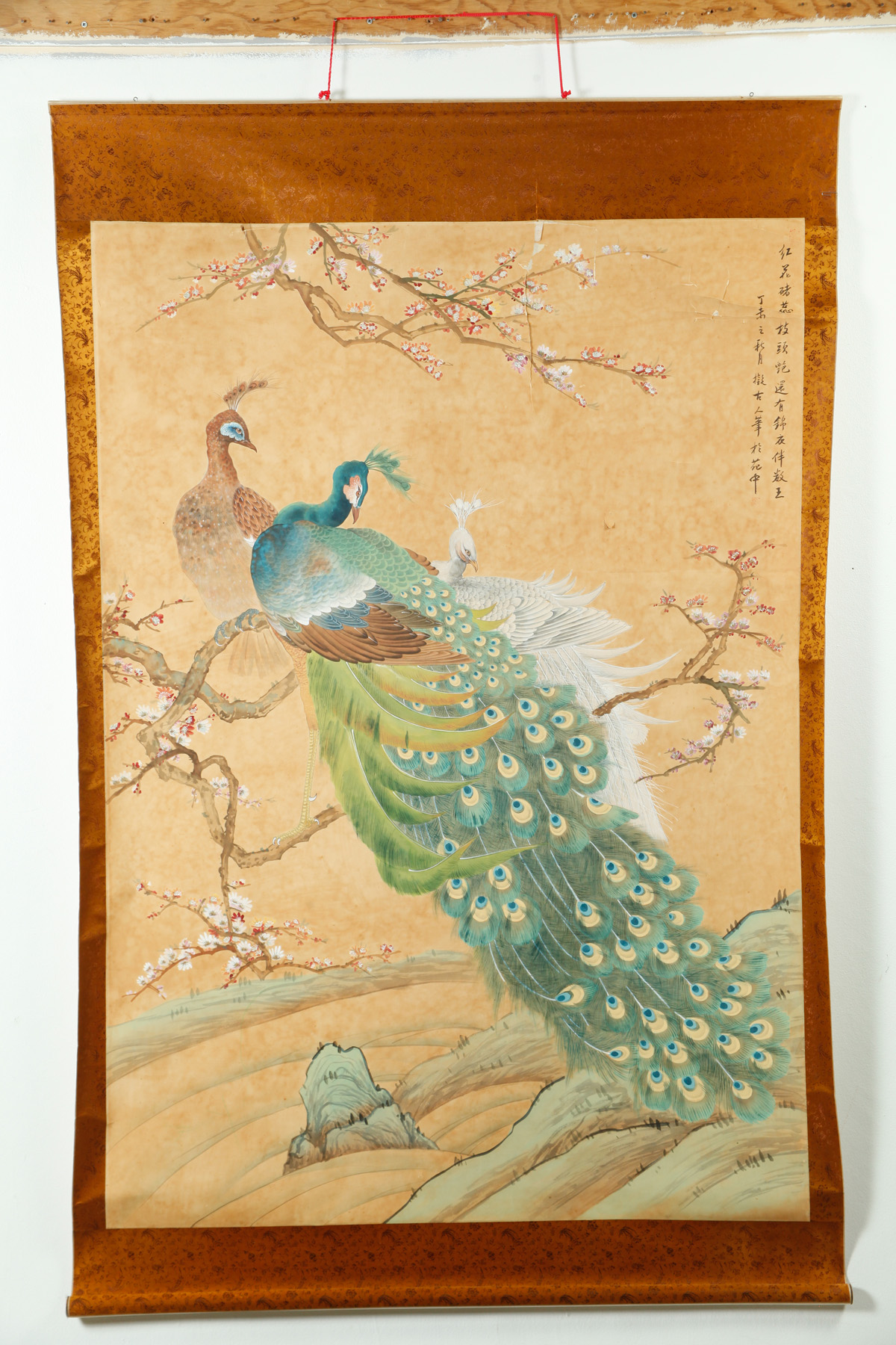 Appraisal: CHINESE PAINTED SCROLL Twentieth century gouache on paper Peacocks with