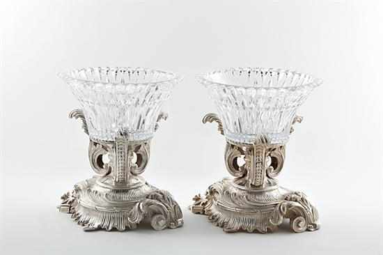 Appraisal: Pair silverplate and crystal centerbowls flared and faceted crystal bowl