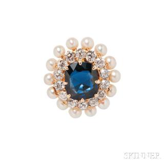 Appraisal: Gold Sapphire and Diamond Ring prong set with a cushion-cut