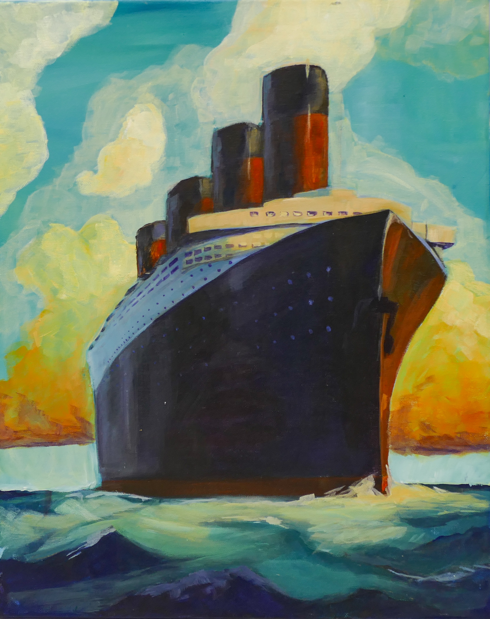 Appraisal: Four Stack Steam Oceanliner Oil on Canvas ''x ''