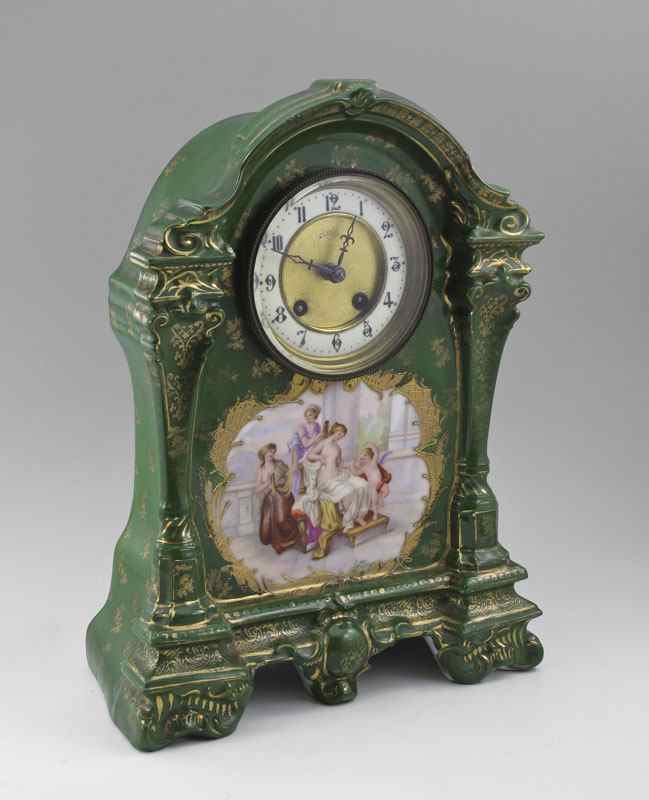 Appraisal: AUSTRIAN VICTORIA PORCELAIN CASE MANTLE CLOCK Green porcelain case with