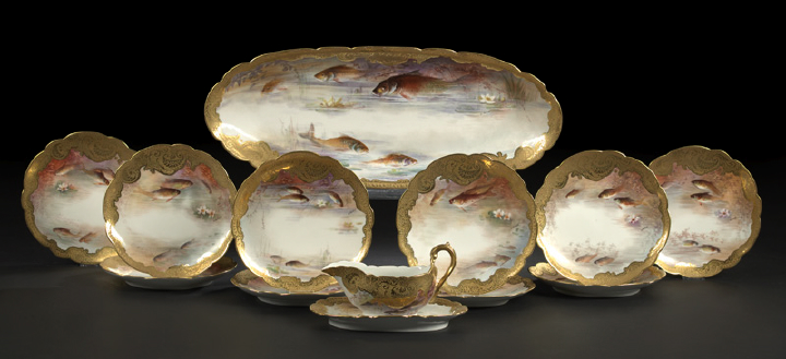 Appraisal: Grand Thirteen-Piece W S Limoges Opulently Gilded Porcelain Fish Set