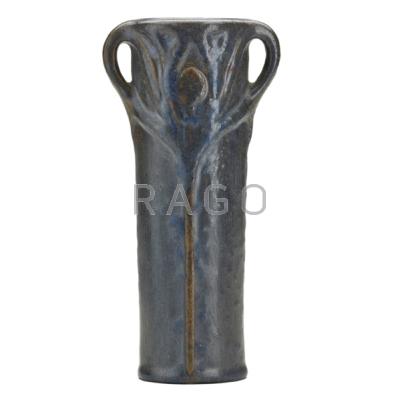 Appraisal: VAN BRIGGLE Two-handled vase with peacock feathers sheer mottled indigo