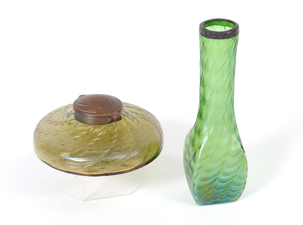 Appraisal: PIECE LOETZ STYLE IRIDESCENT VASE INKWELL pieces bohemian glass in