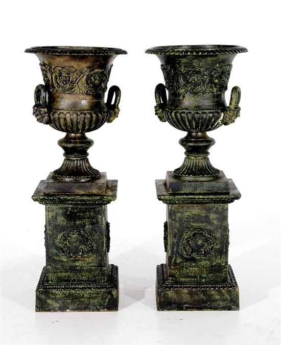 Appraisal: Pair Classical style verdigris garden urns on stands flaring lobed