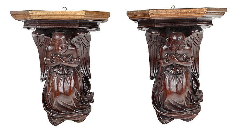 Appraisal: Pair Carved and Gilt Figural Angel Wall Brackets Continental th