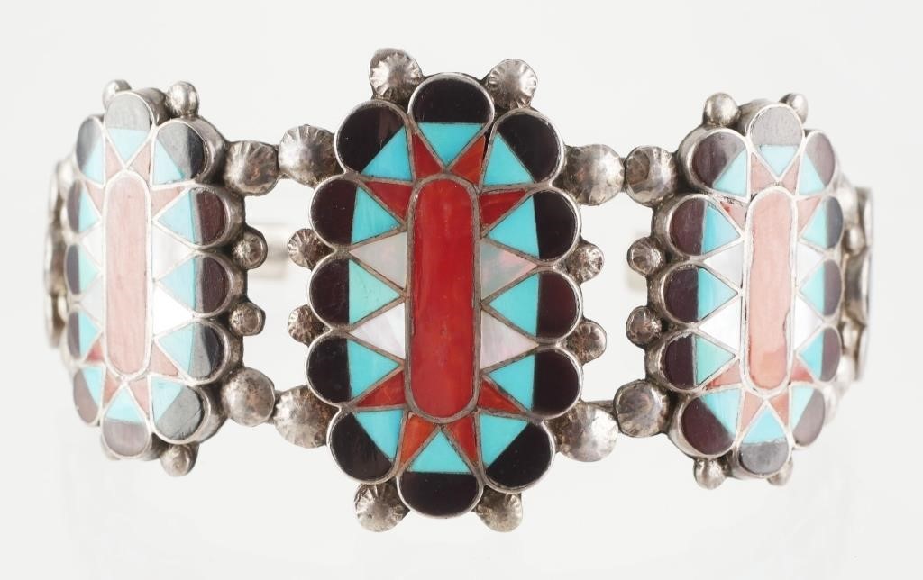 Appraisal: Inlaid sterling silver bracelet signed Landy Lucio Zuni New Mexico